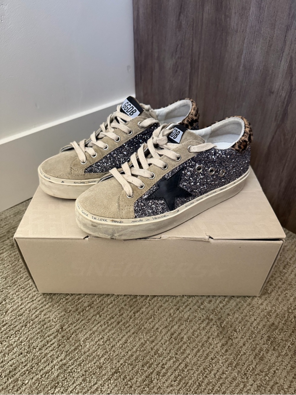 Golden Goose Hi Star Black Glitter Leopard 37 + OG Receipt